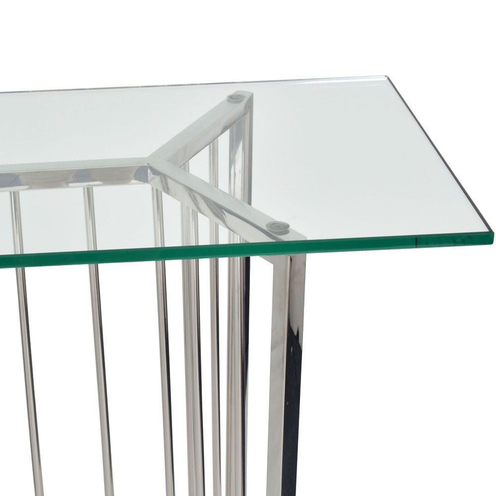 Arlington Stainless Steel Frame and Clear Glass Console Table Nicholas John Interiors