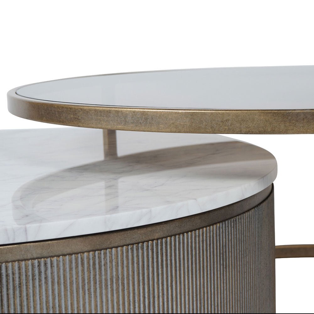 Bellagio Aged Gold Set of 2 Nesting Coffee Tables with Marble and Tinted Glass Nicholas John Interiors