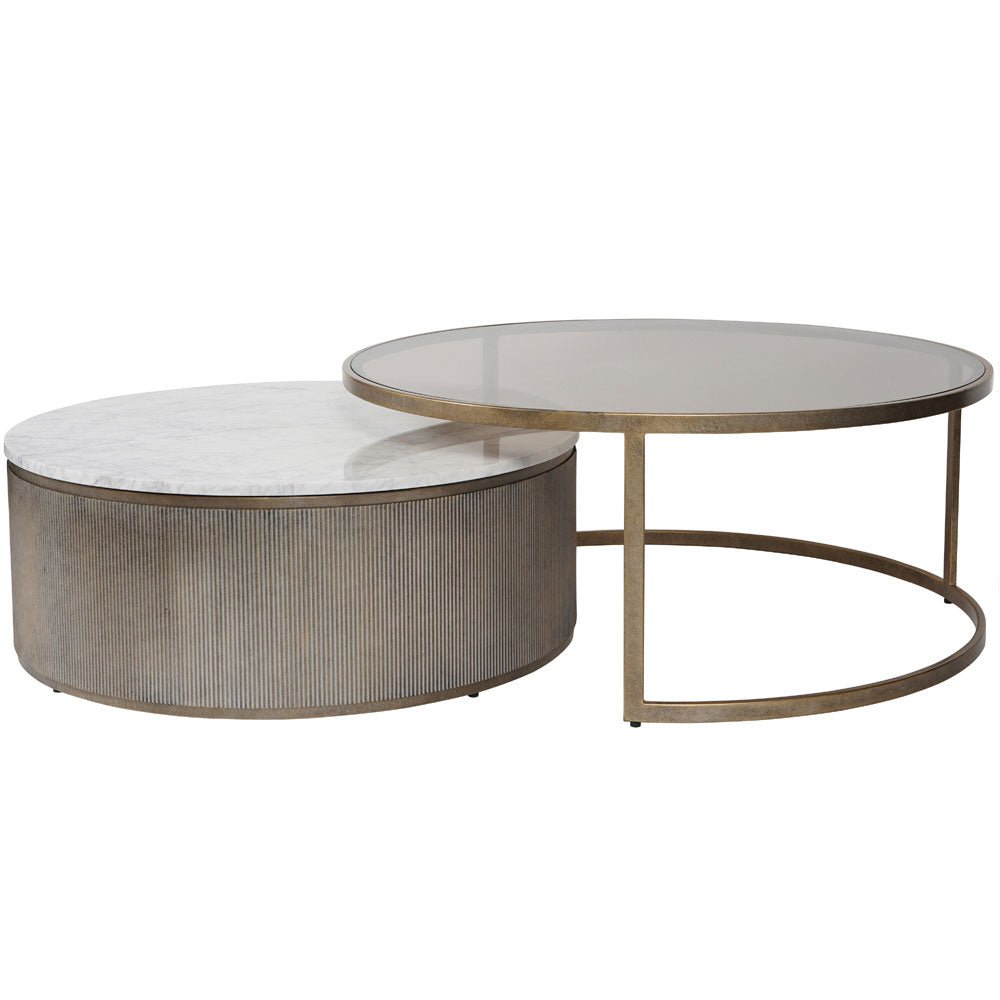 Bellagio Aged Gold Set of 2 Nesting Coffee Tables with Marble and Tinted Glass Nicholas John Interiors