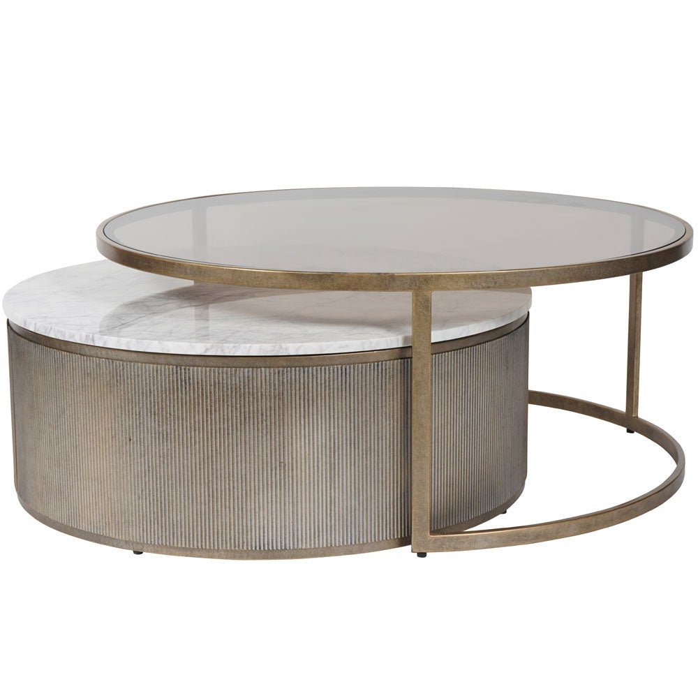 Bellagio Aged Gold Set of 2 Nesting Coffee Tables with Marble and Tinted Glass Nicholas John Interiors