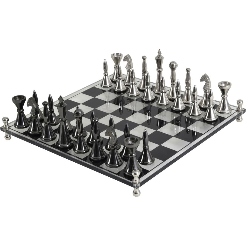 Chess Set Featuring Acrylic Base and 32 Aluminium Pieces Nicholas John Interiors