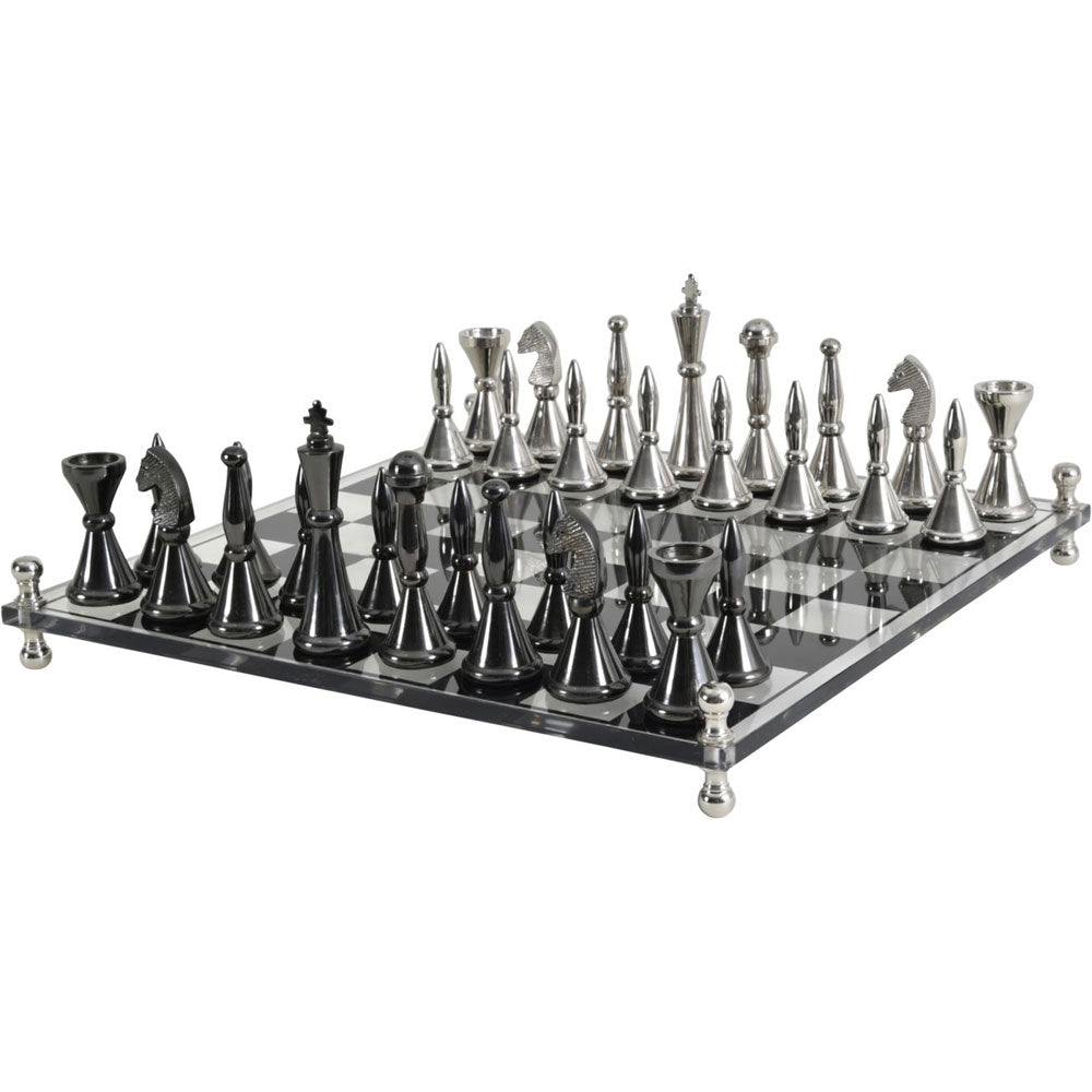 Chess Set Featuring Acrylic Base and 32 Aluminium Pieces Nicholas John Interiors