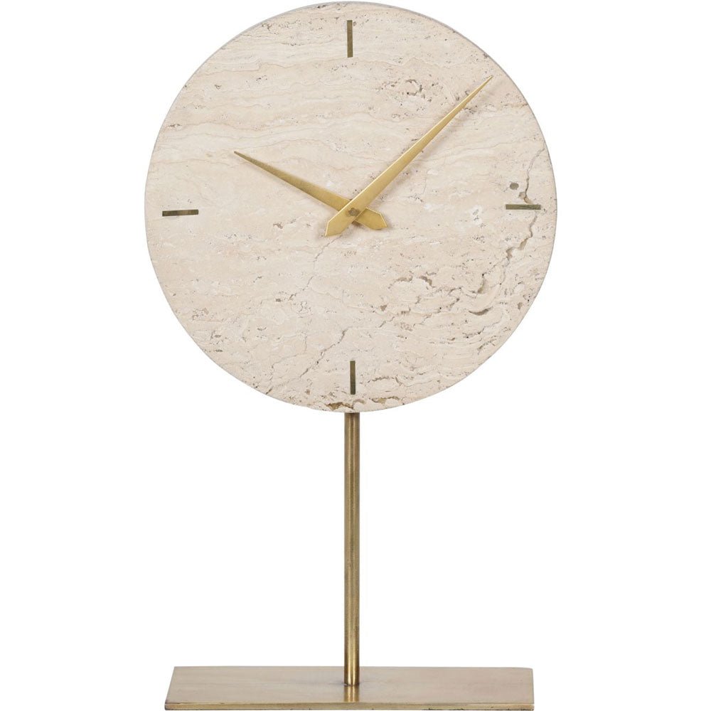 Cloe Light Travertine Mantle Clock on Stand Nicholas John Interiors