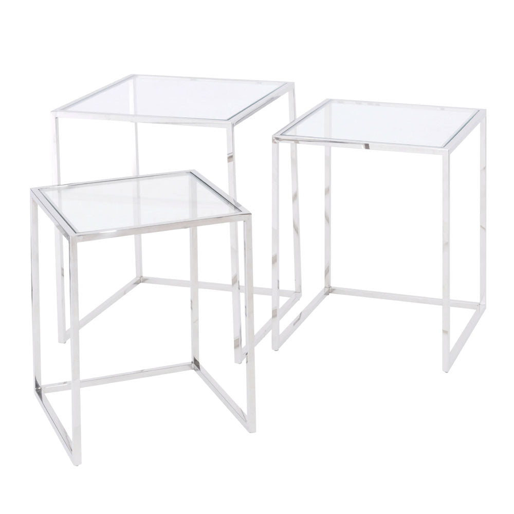 Dalton Stainless Steel and Glass Set of 3 Nesting Tables Nicholas John Interiors