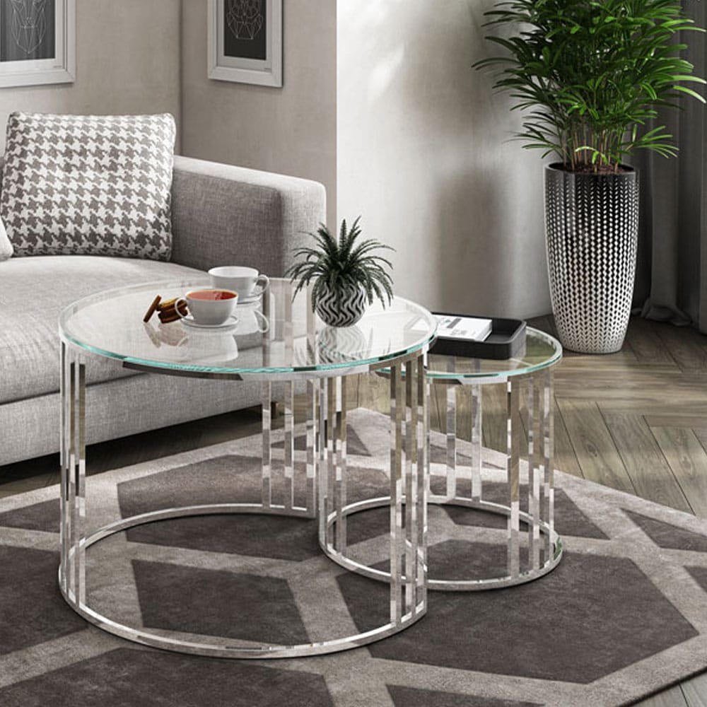 Equinox Round Clear Glass Coffee Table Set Nicholas John Interiors