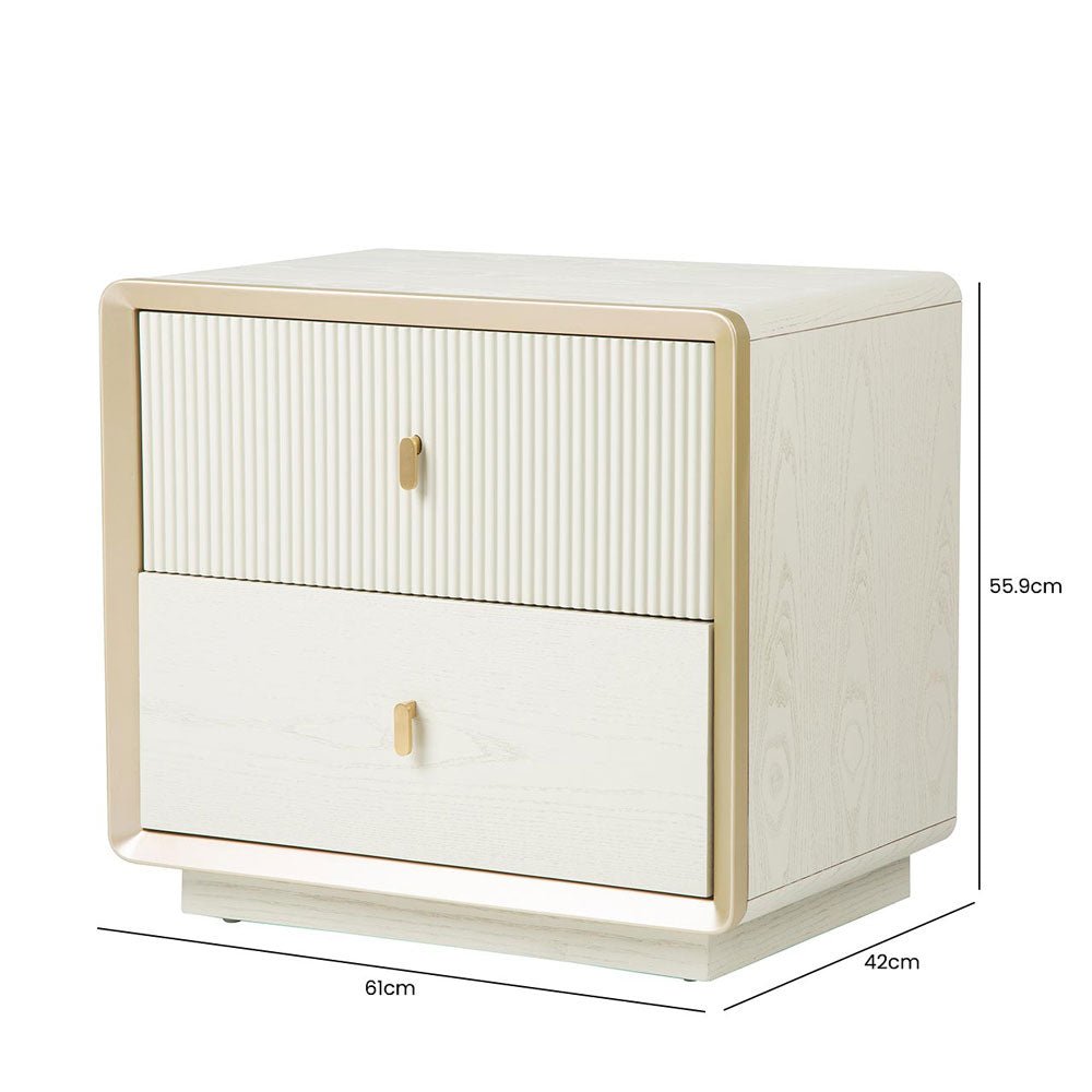 Femelle Cream Elm 2 Drawer Bedside Cabinet with Soft Gold Trim Nicholas John Interiors