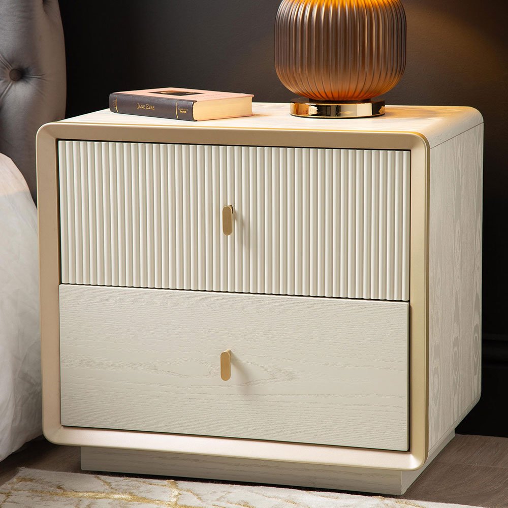 Femelle Cream Elm 2 Drawer Bedside Cabinet with Soft Gold Trim Nicholas John Interiors