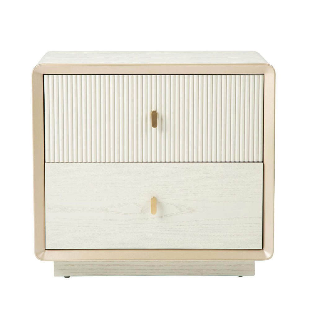 Femelle Cream Elm 2 Drawer Bedside Cabinet with Soft Gold Trim Nicholas John Interiors