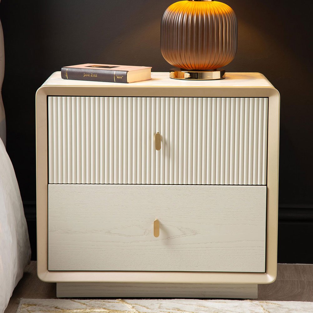 Femelle Cream Elm 2 Drawer Bedside Cabinet with Soft Gold Trim Nicholas John Interiors