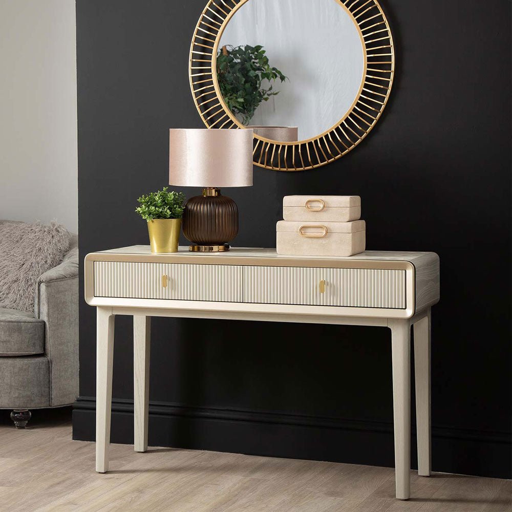 Femelle Cream Elm 2 Drawer Console Dressing Table with Soft Gold Trim Nicholas John Interiors