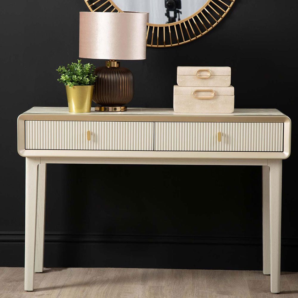 Femelle Cream Elm 2 Drawer Console Dressing Table with Soft Gold Trim Nicholas John Interiors