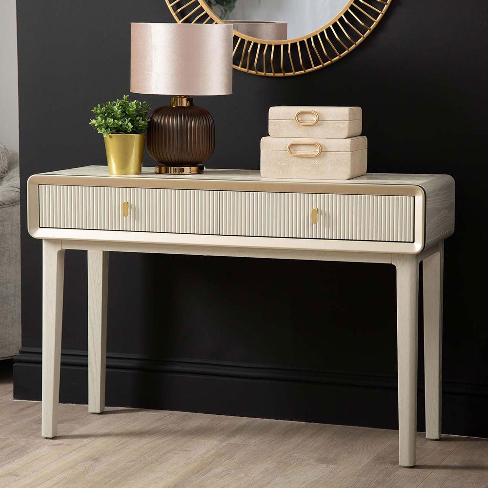 Femelle Cream Elm 2 Drawer Console Dressing Table with Soft Gold Trim Nicholas John Interiors