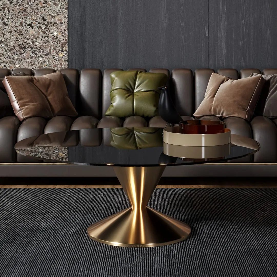 Gillmore Iona Large Round Black Glass Coffee Table with Brass Base Nicholas John Interiors Gillmore