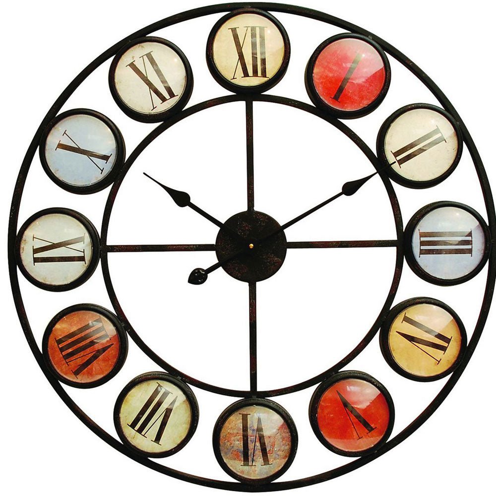 Iron Clock Roman Numeral Coloured Domed Glass Nicholas John Interiors