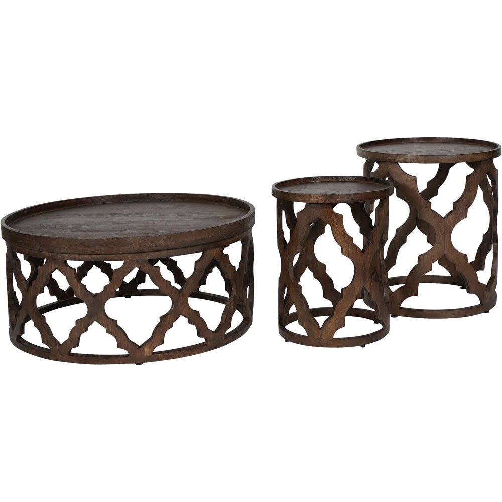 Kendrick Solid Carved Wooden Set of 2 Nesting Side Tables in Dark Brown Nicholas John Interiors