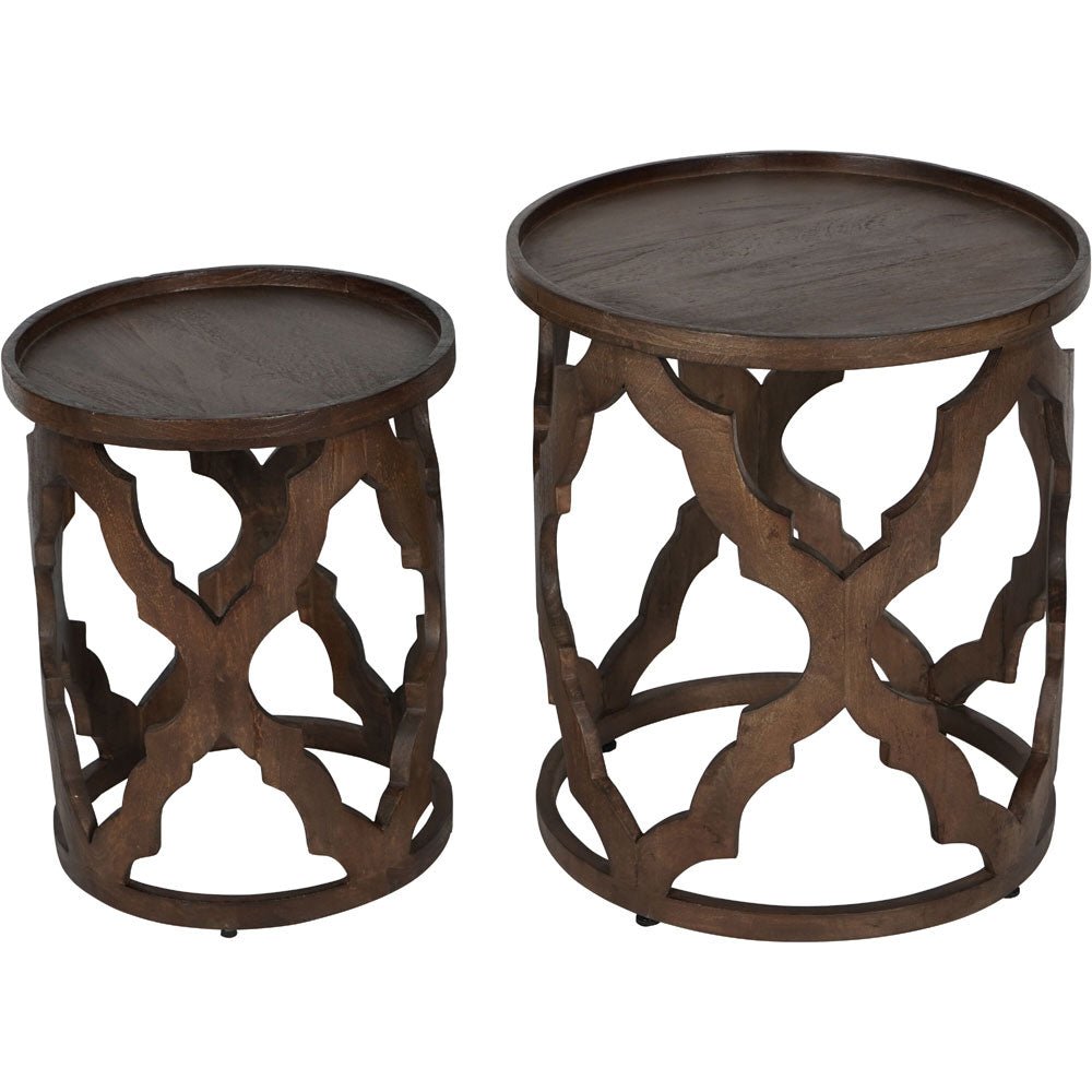 Kendrick Solid Carved Wooden Set of 2 Nesting Side Tables in Dark Brown Nicholas John Interiors