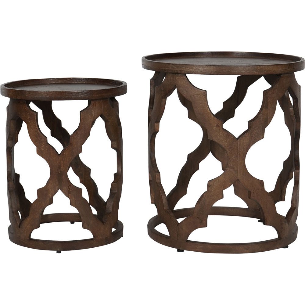 Kendrick Solid Carved Wooden Set of 2 Nesting Side Tables in Dark Brown Nicholas John Interiors