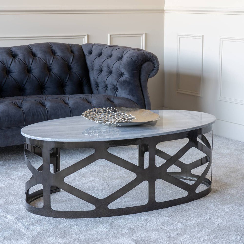 Marcella Coffee Table Metallic Black Nickel Finish with Grey Marble Nicholas John Interiors