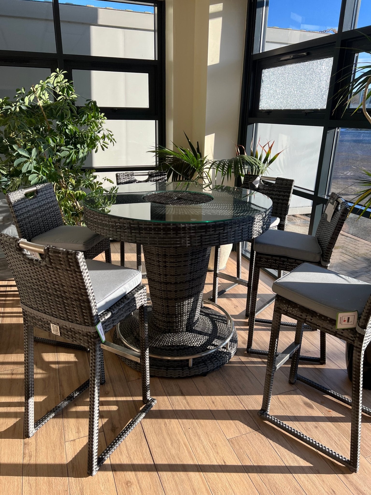 Oxford Round Dark Grey Rattan Garden Bar Set with Ice Bucket Table + 6 Bar Stools Nicholas John Interiors