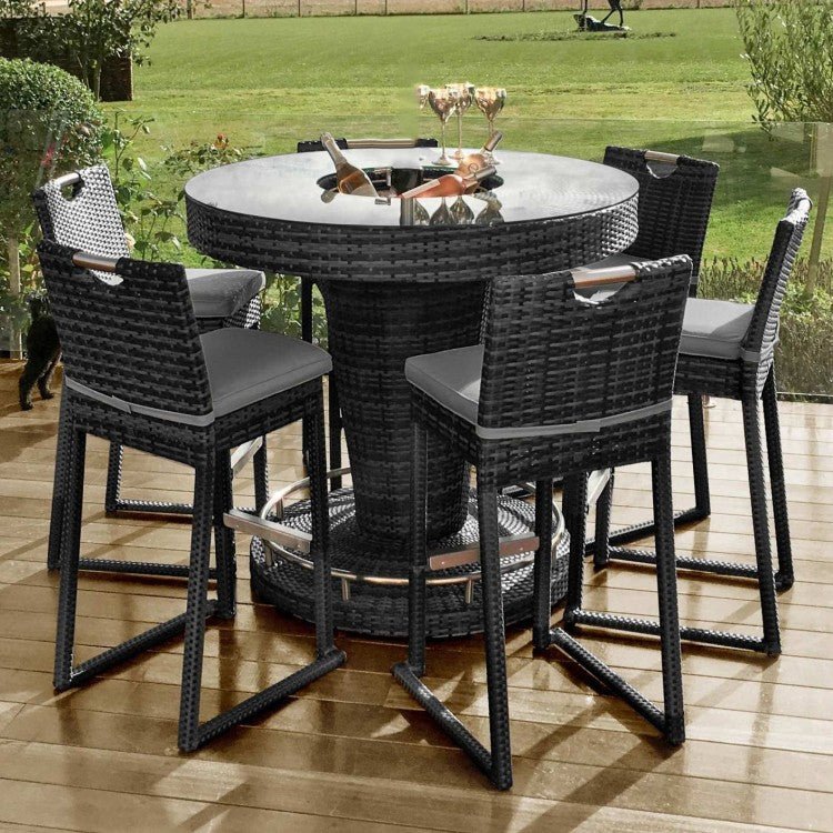 Oxford Round Dark Grey Rattan Garden Bar Set with Ice Bucket Table + 6 Bar Stools Nicholas John Interiors