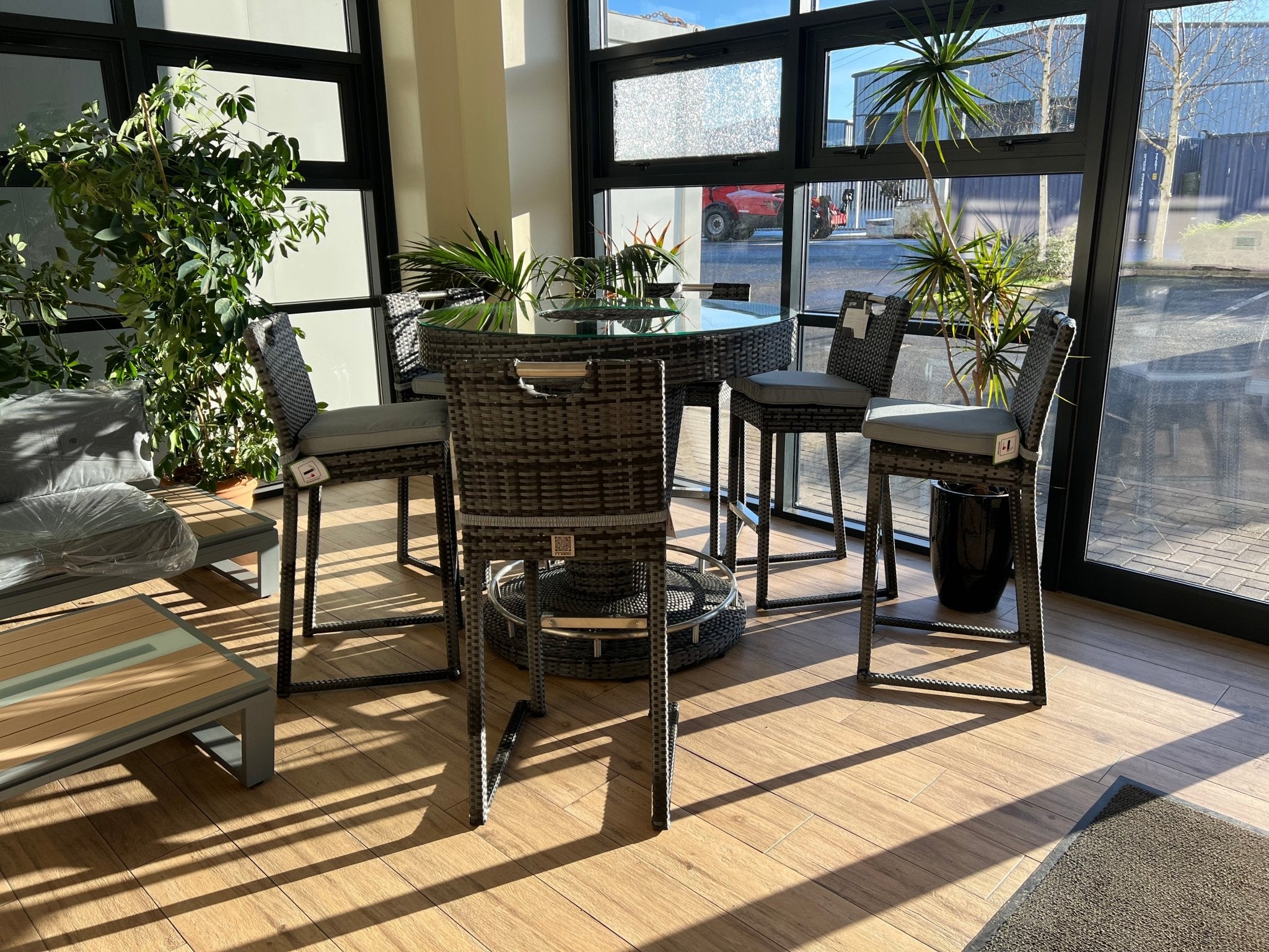 Oxford Round Dark Grey Rattan Garden Bar Set with Ice Bucket Table + 6 Bar Stools Nicholas John Interiors