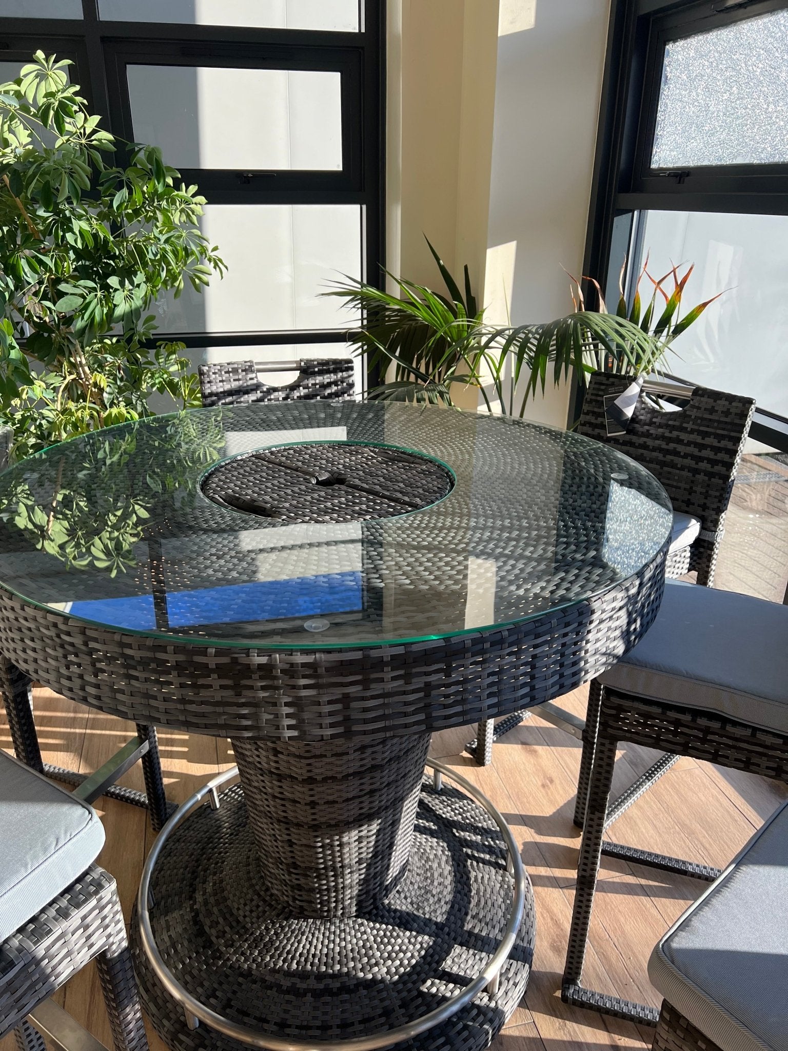 Oxford Round Dark Grey Rattan Garden Bar Set with Ice Bucket Table + 6 Bar Stools Nicholas John Interiors