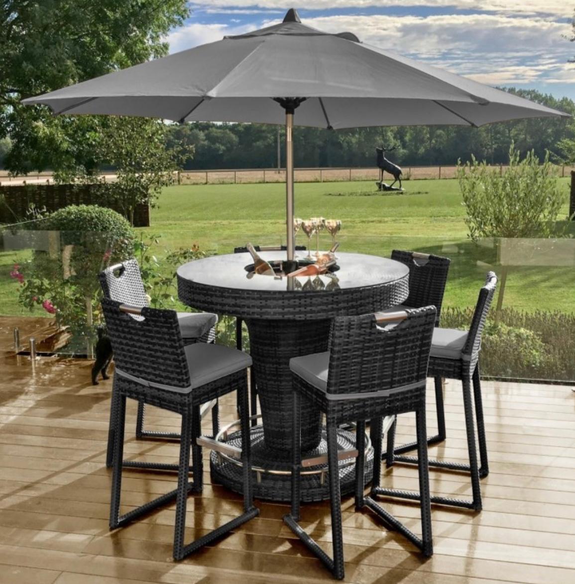 Oxford Round Dark Grey Rattan Garden Bar Set with Ice Bucket Table + 6 Bar Stools Nicholas John Interiors