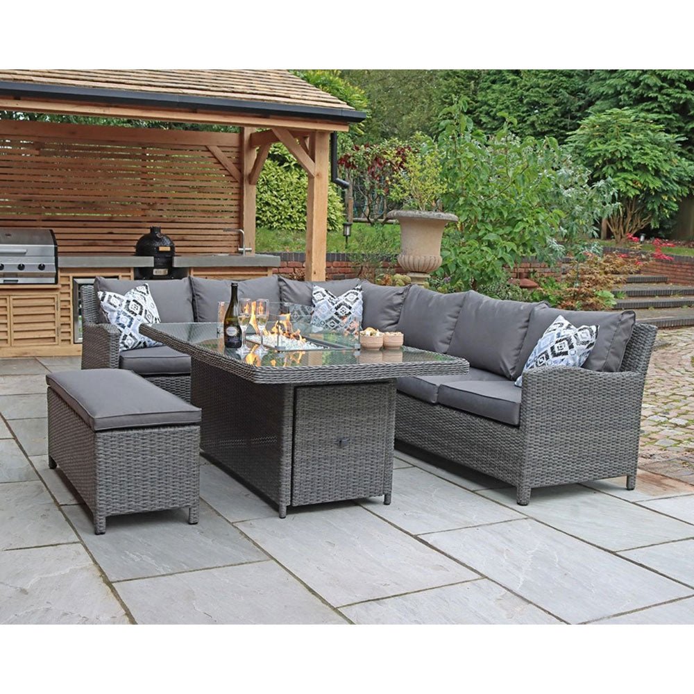 Paris 7pc Deluxe Modular Corner Dining/Lounging Set with Fire Pit - Rectangle Table Nicholas John Interiors