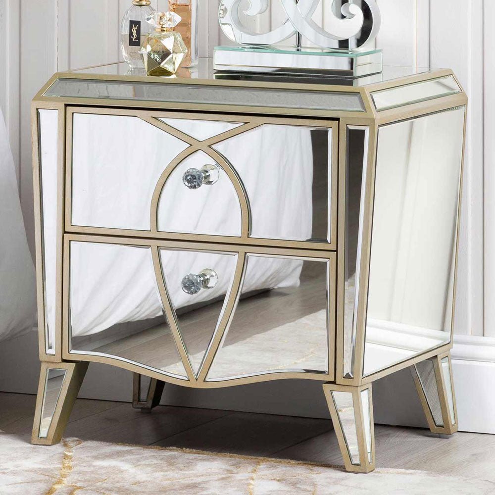 Prishtina 2 Drawer Mirror Bedside Cabinet Champagne Nicholas John Interiors