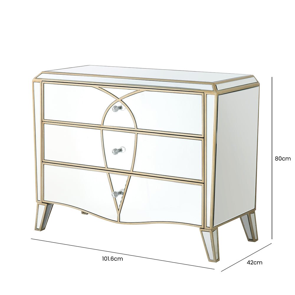 Prishtina 3 Drawer Mirrored Bedroom Chest Champagne Nicholas John Interiors