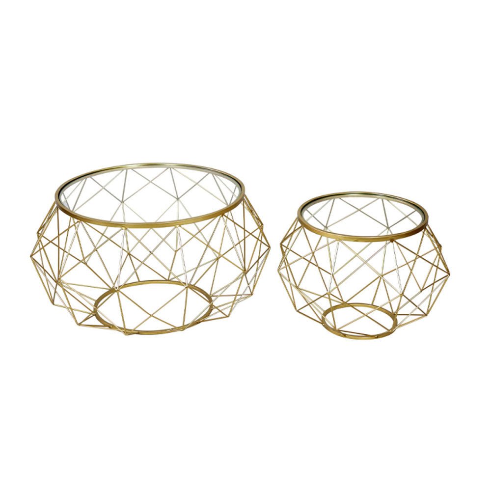 Set of 2 Gold Metal Mesh Coffee Table with Glass Top Nicholas John Interiors