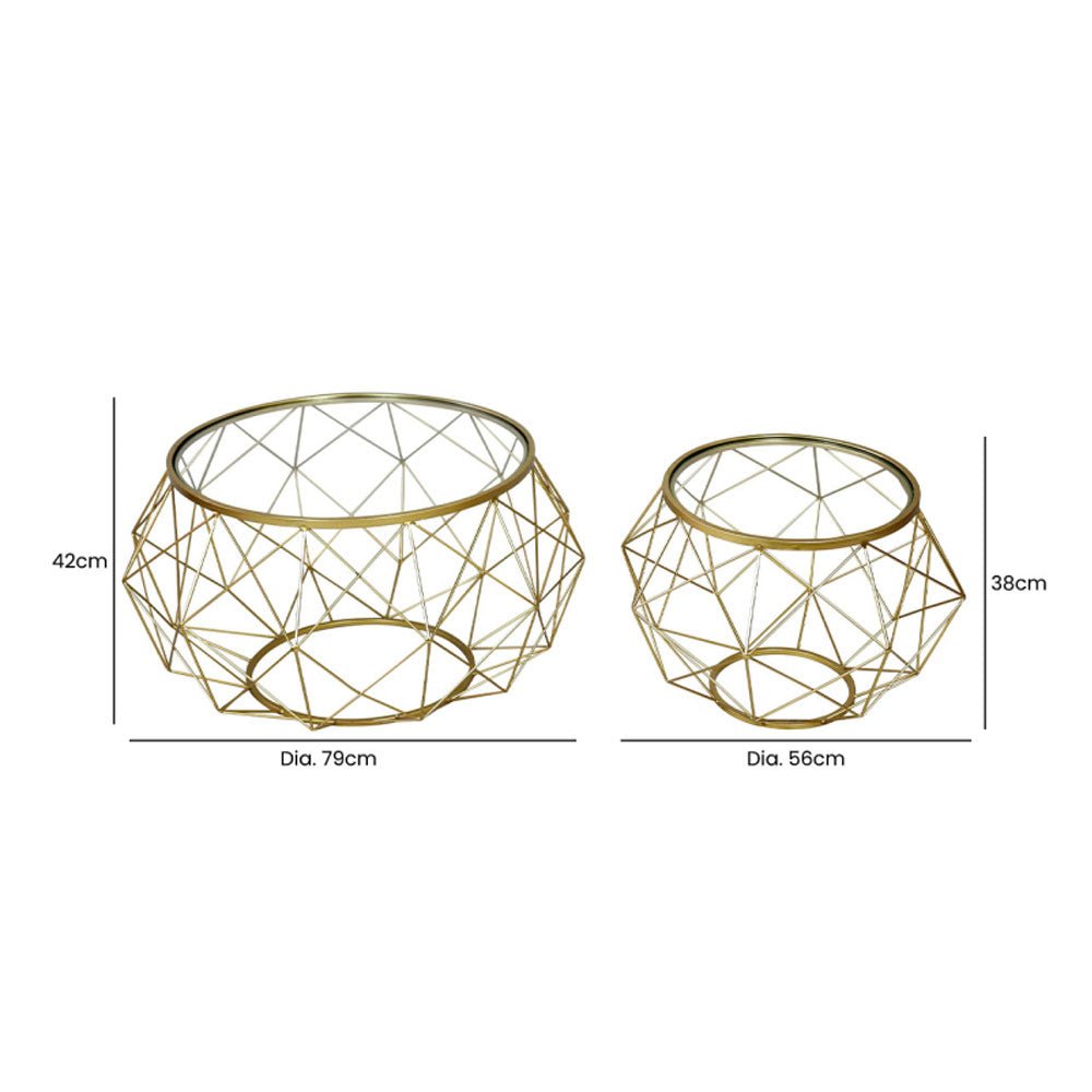 Set of 2 Gold Metal Mesh Coffee Table with Glass Top Nicholas John Interiors