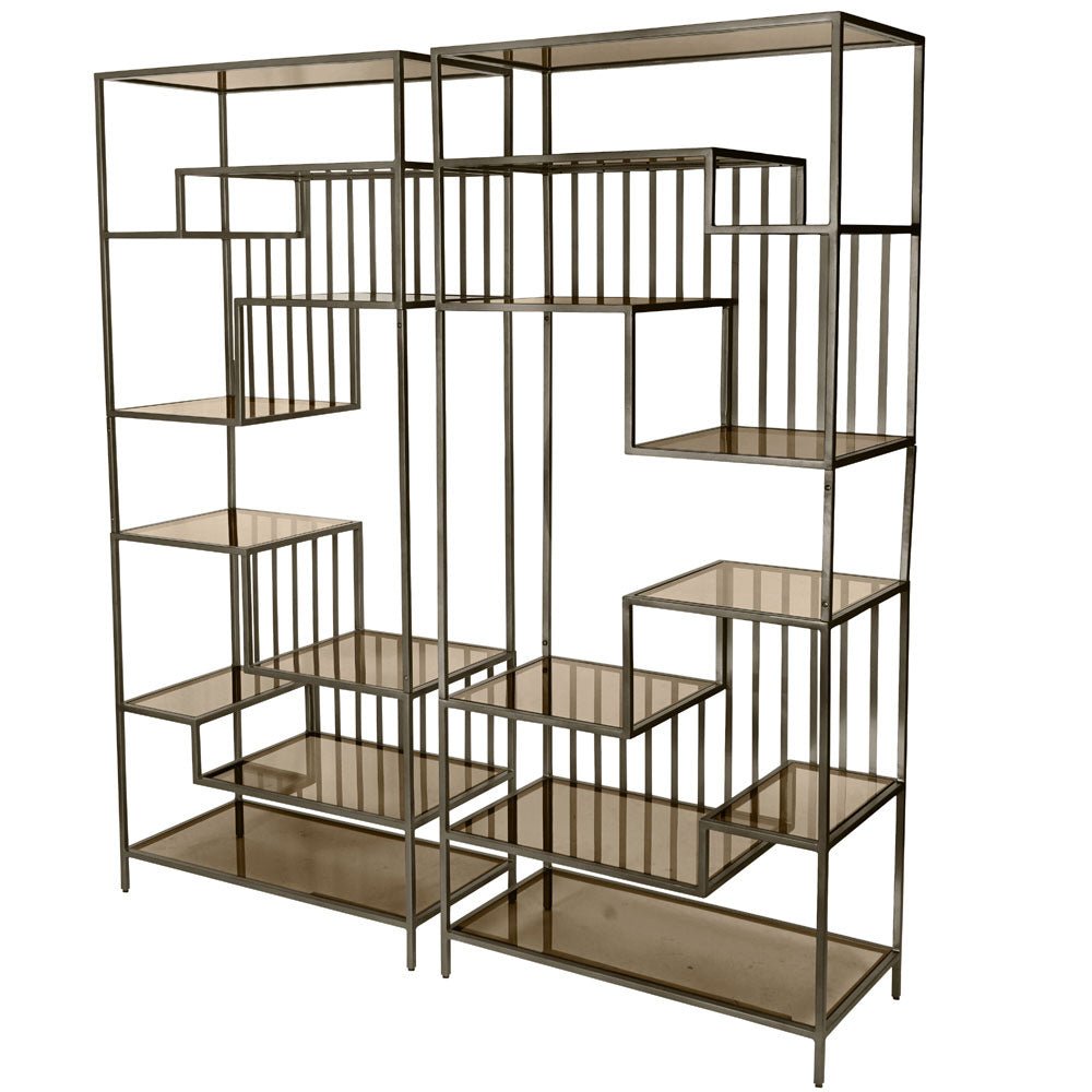 Wellington Set of 2 Shelving Units in Dark Gold with Brown Tinted Glass Nicholas John Interiors